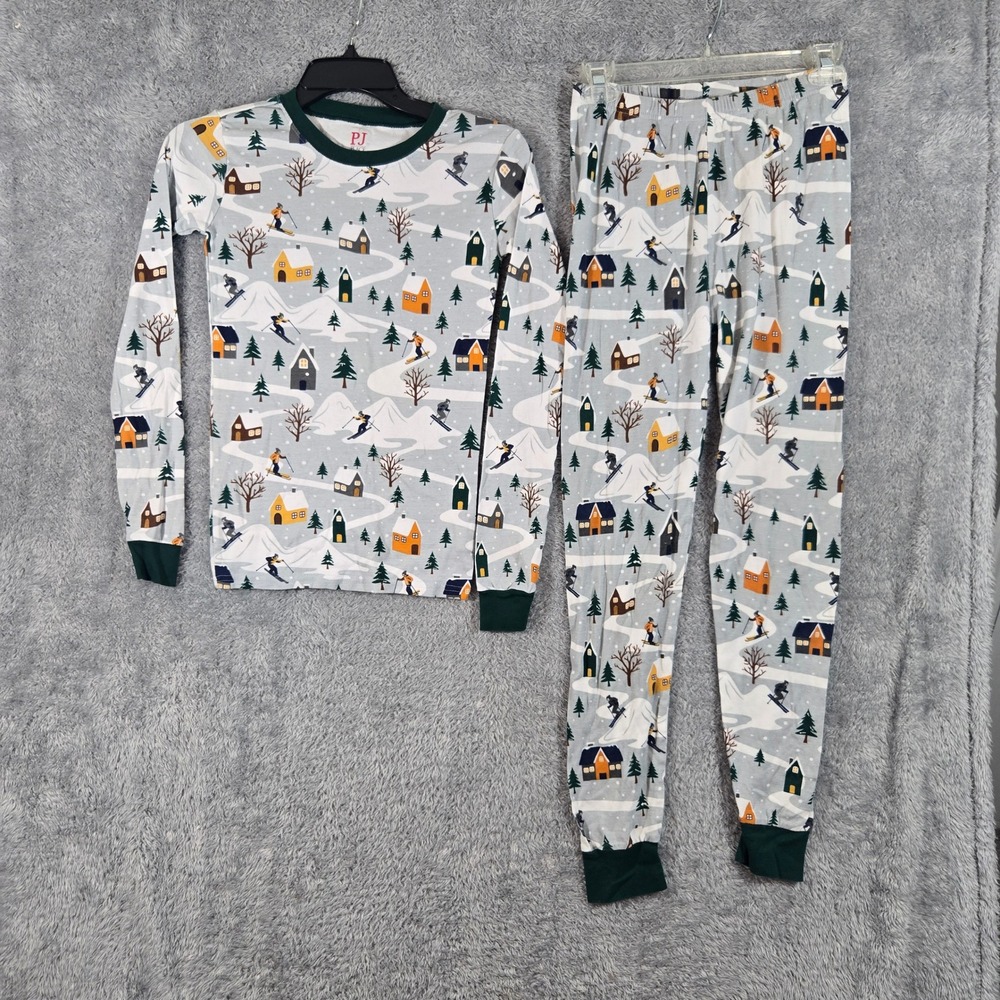 PJ Place Kids Size 16 Winter Ski Village Cotton Pajama Set Gray Green
